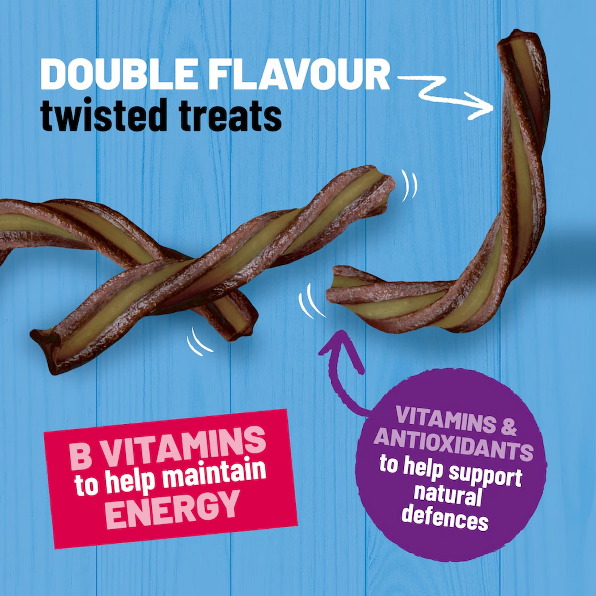 Vitamins and antioxidants information panel for Bakers bacon and cheese dog treat whirlers 450g UK