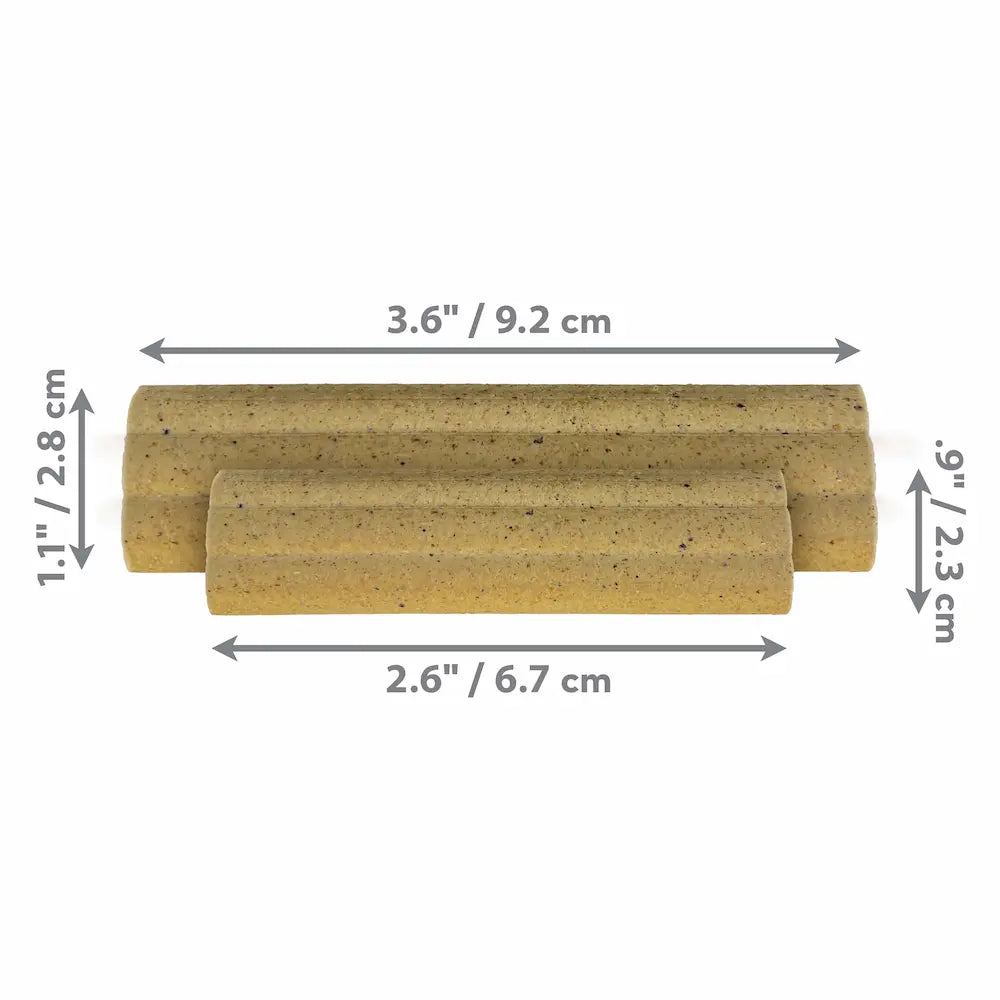 KONG Ziggies Dental dog treats – refill chew treats for dogs (size guide shown)