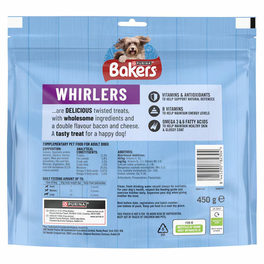 Ingredients list for Bakers bacon and cheese dog treat whirlers 450g pack UK