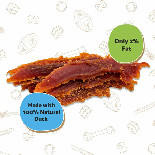 👉 Dried duck fillet dog treats made with natural meat on white background UK