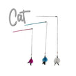 A cat toy consisting of a dangler with multiple feathers and bell attachments, with a color-coded string for each feather.