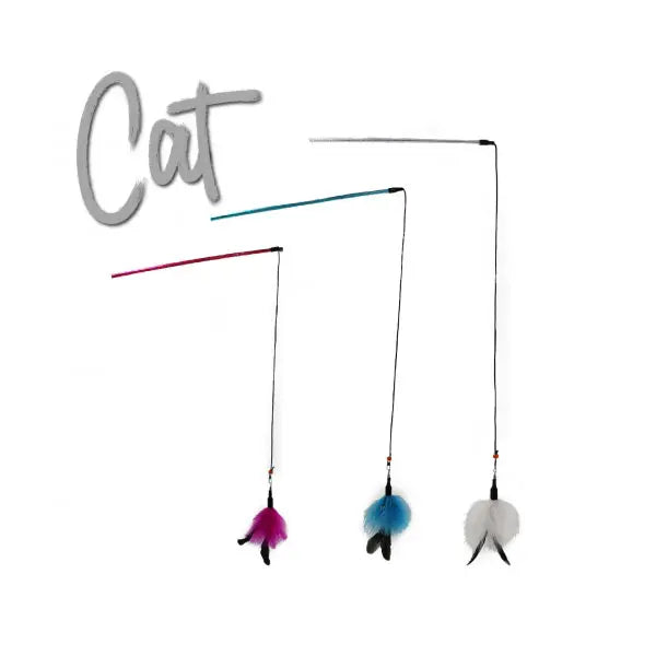 A cat toy consisting of a dangler with multiple feathers and bell attachments, with a color-coded string for each feather.