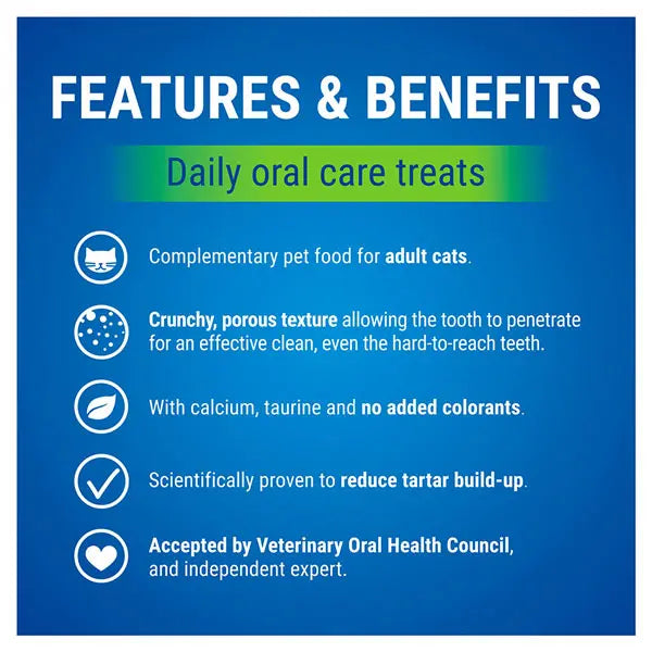 Chicken-flavoured dental treats for cats that help maintain healthy teeth and gums while reducing tartar buildup
