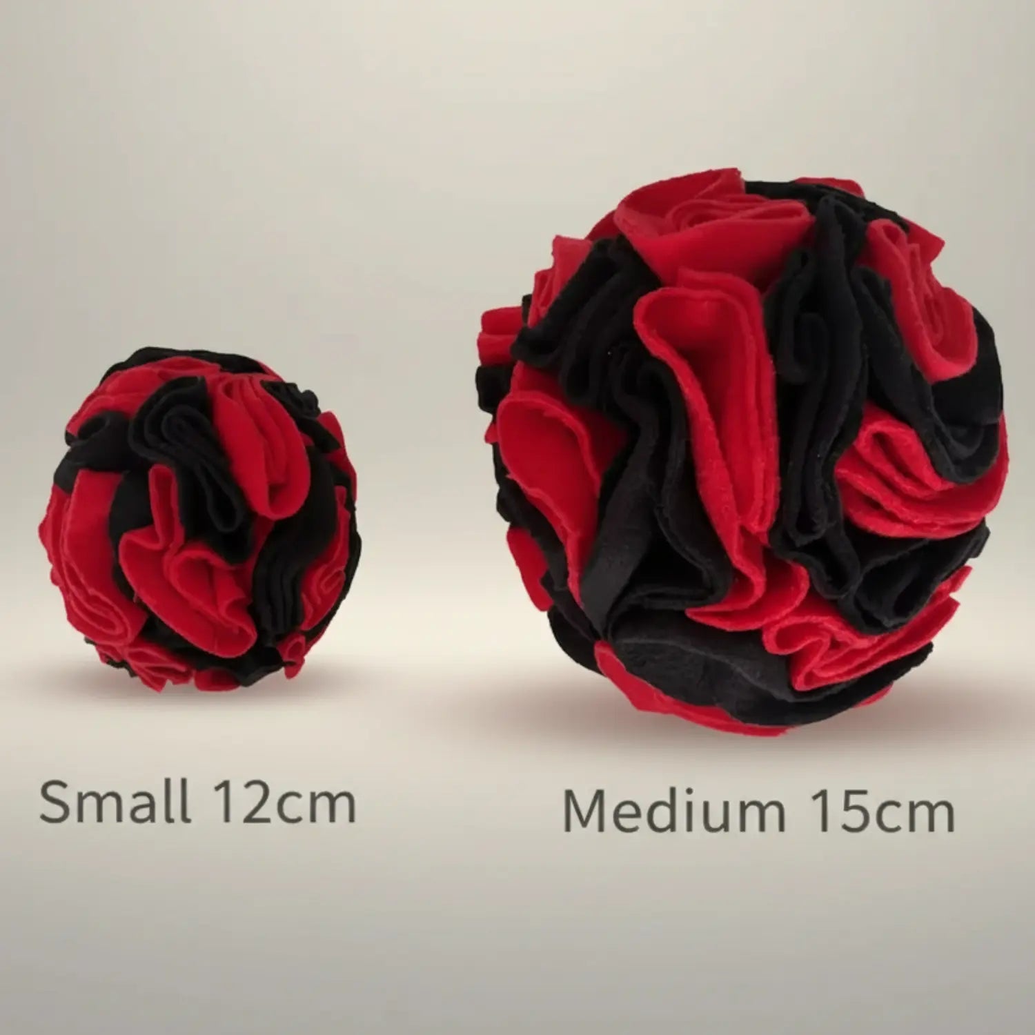 Handmade snuffle ball in red and black fleece, small 12cm and medium 15cm, dog enrichment toy, UK made