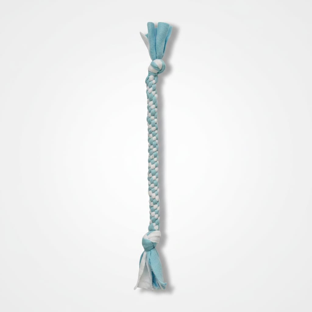 Baby Blue and white braided dog tug toy on a white background