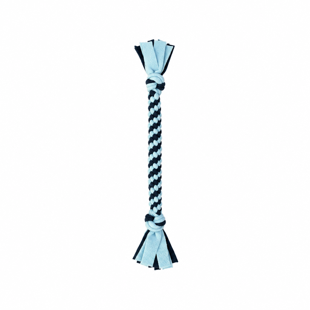 Handmade baby blue and navy woven fleece dog tug toy 