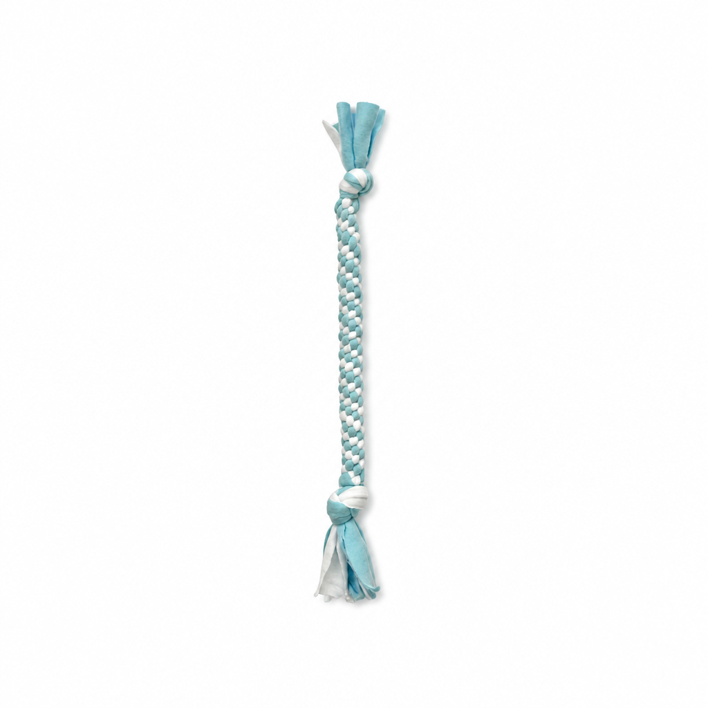 Handmade baby blue and white woven fleece dog tug toy 