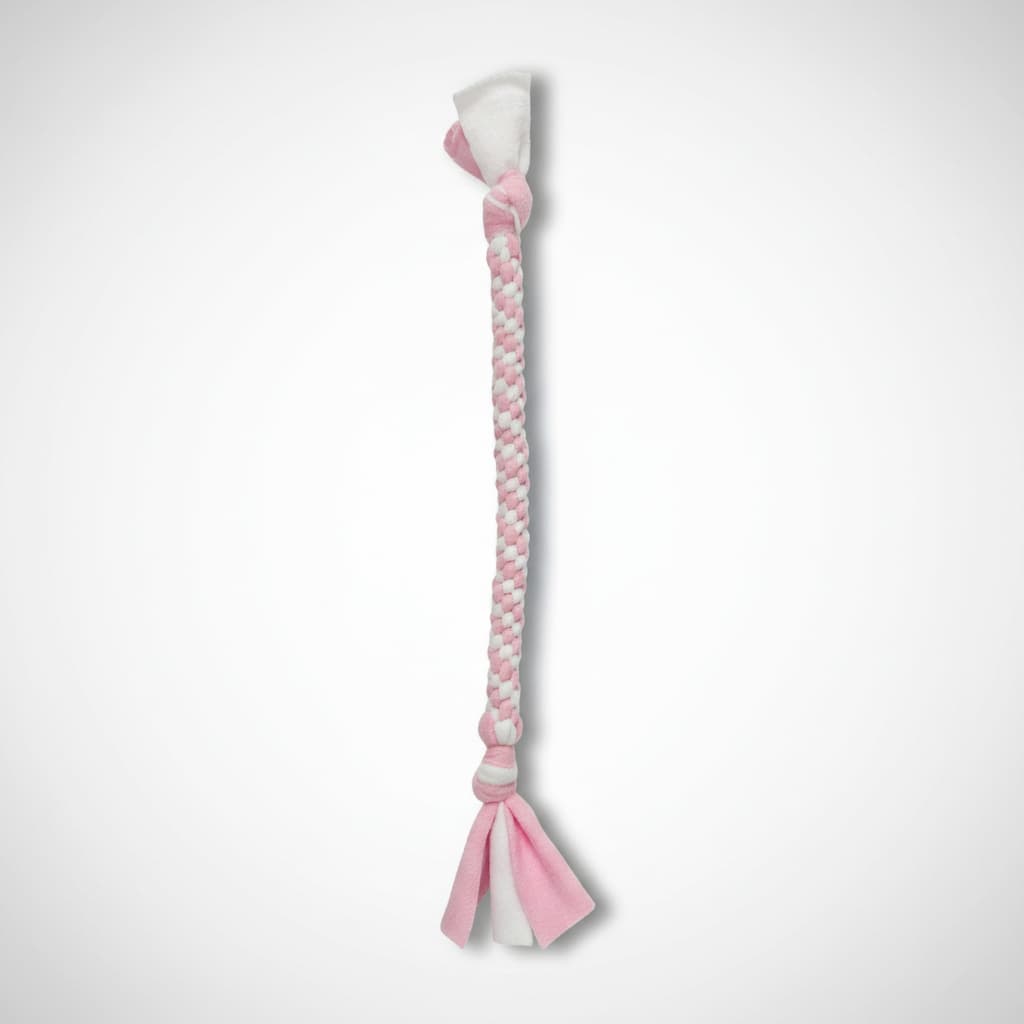Baby Pink and white braided tug dog toy  on a light white background