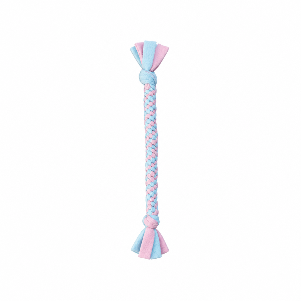 Handmade baby pink and baby blue woven fleece dog tug toy 