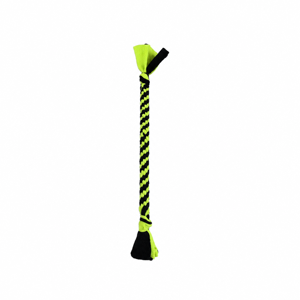 Handmade fluorescent green and black woven fleece dog tug toy 