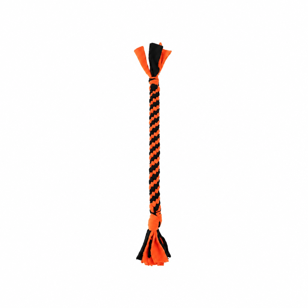 Handmade fluorescent orange and black woven fleece dog tug toy 