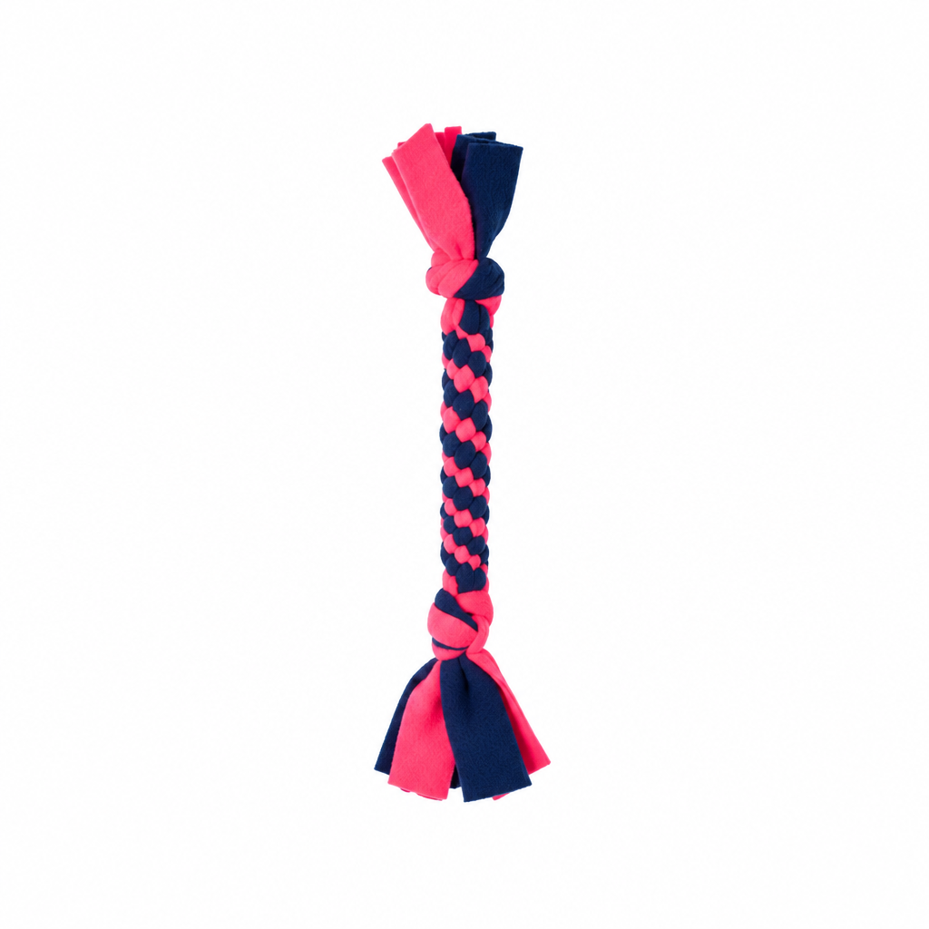 Handmade fluorescent pink and black woven fleece dog tug toy