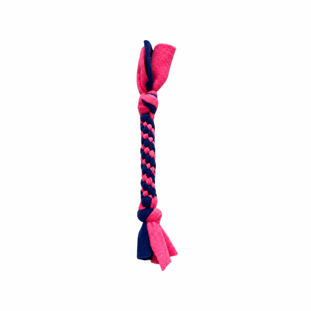 Handmade fluorescent pink and royal blue woven fleece dog tug toy