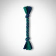 Blue and green braided tug dog toy on a white background