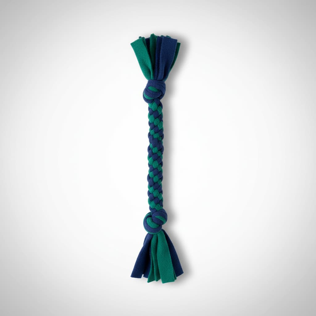 Blue and green braided tug dog toy on a white background