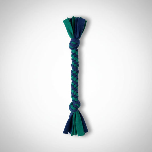 Handmade Blue and green woven fleece dog tug toy 