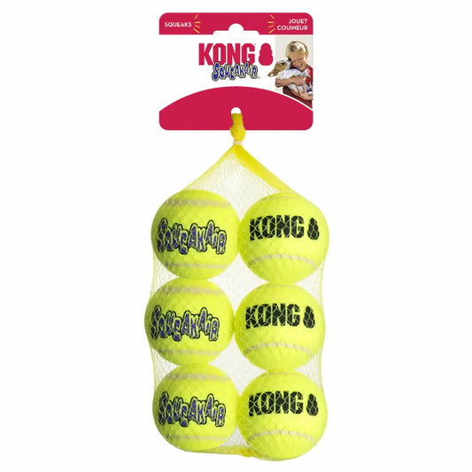 Pack of six yellow KONG Squeak balls with packaging Medium UK