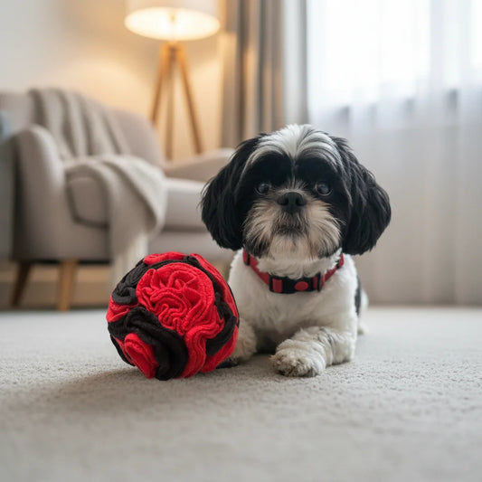 Small dog with handmade red and black snuffle ball enrichment toy