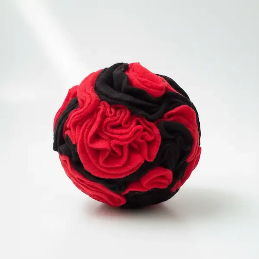 Handmade red and black fleece snuffle ball for dogs - enrichment toy UK